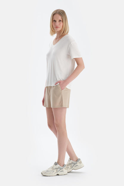 Ekru V Yaka Kısa Kollu Modal Tişört