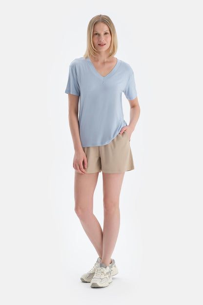 Buz Mavisi V Yaka Kısa Kollu Modal Tişört