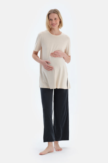 Ekru Bisiklet Yaka Modal Hamile Tişört