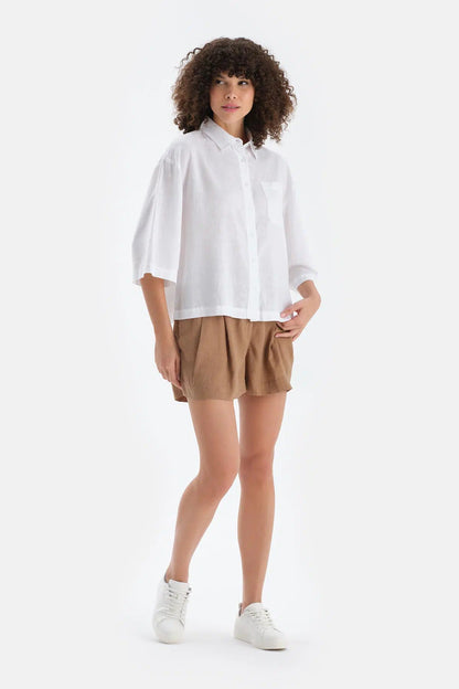 Kahverengi Keten Dokuma Şort