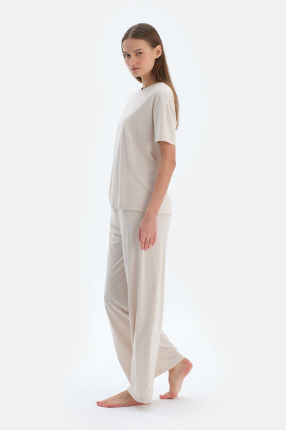 Krem Cepli Basıc Modal Pantolon