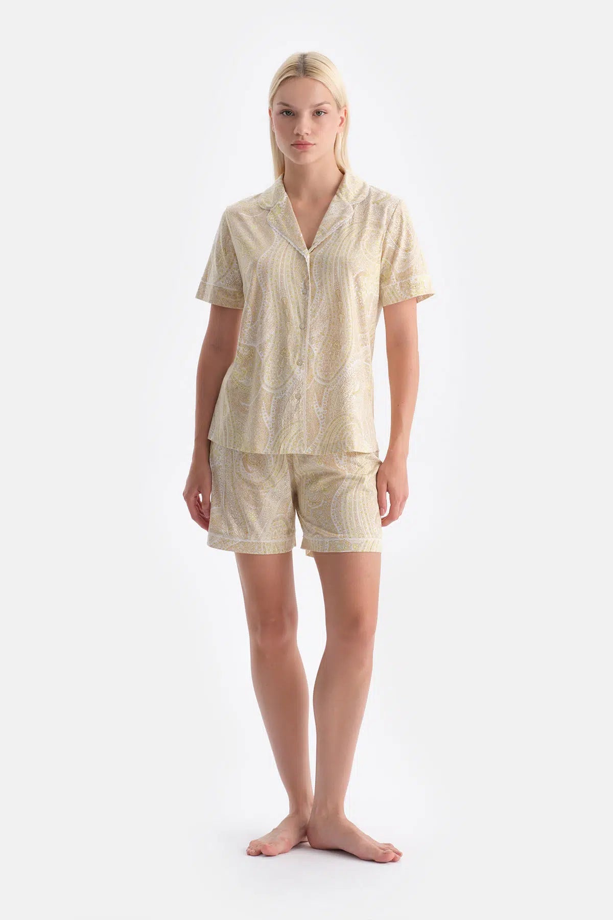 Açık Yeşil Şal Desenli Penye Modal Gömlek Pantolon Pijama Takımı