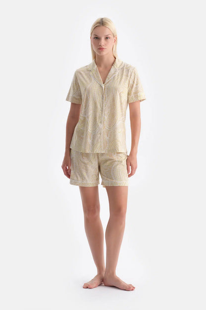 Açık Yeşil Şal Desenli Penye Modal Gömlek Pantolon Pijama Takımı