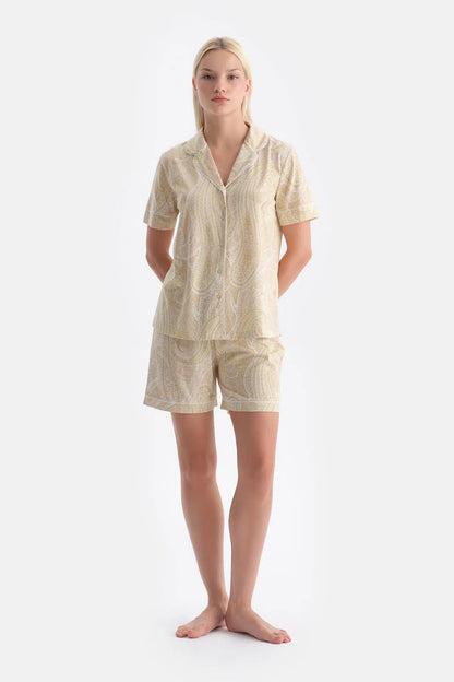 Açık Yeşil Şal Desenli Penye Modal Gömlek Pantolon Pijama Takımı