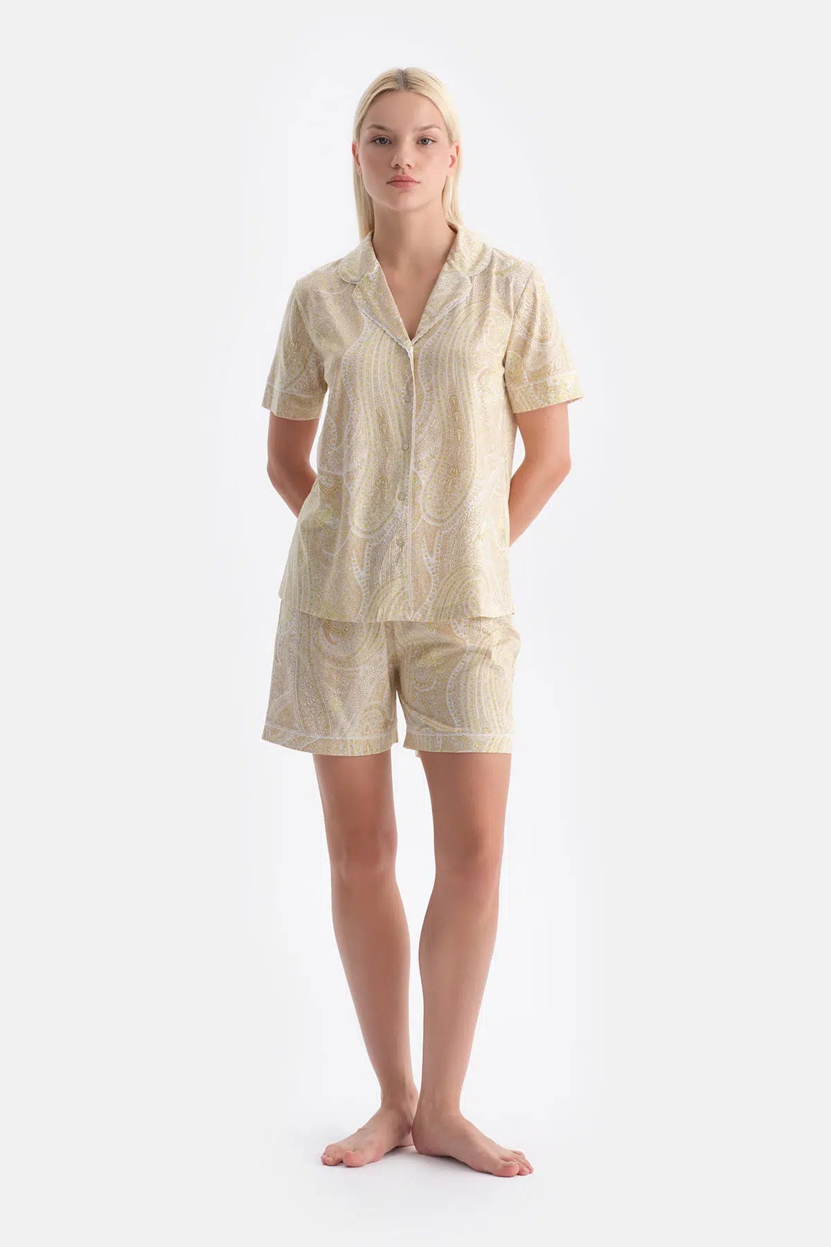 Açık Yeşil Şal Desenli Penye Modal Gömlek Pantolon Pijama Takımı