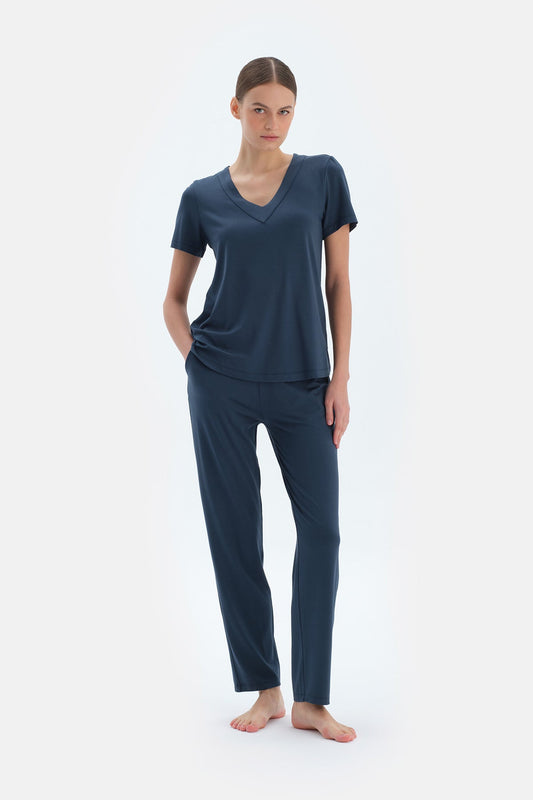 Indigo V Yaka Viskon Tişört Pantolon Pijama Takımı