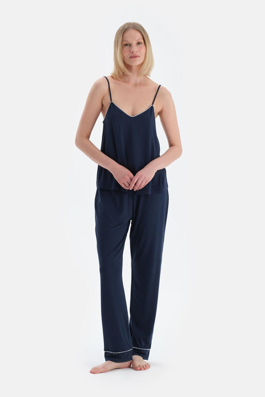 Lacivert V Yaka Ince Askılı Viskon Atlet Pantolon Pijama Takımı