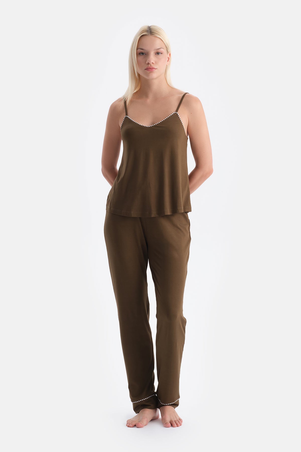 Haki V Yaka Ince Askılı Viskon Atlet Pantolon Pijama Takımı