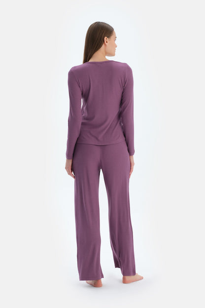 Mor V Yaka Viskon Kaşkorse Tişört Pantolon Pijama Takımı
