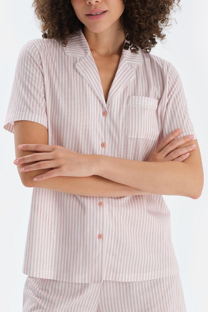 Açık Pembe Çizgili Penye Modal Gömlek Şort Pijama Takımı
