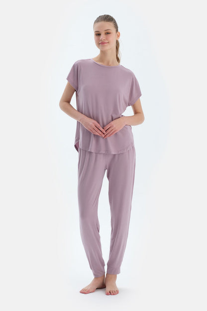 Açık Lila Düşük Kollu Modal Tişört Pantolon Pijama Takımı