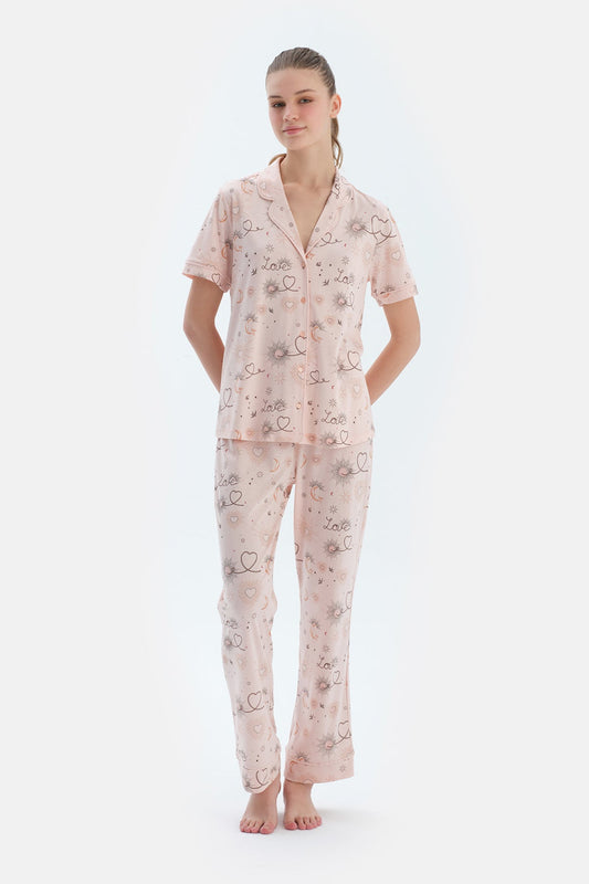 Pembe Metraj Baskılı Penye Modal Gömlek Pantolon Pijama Takımı
