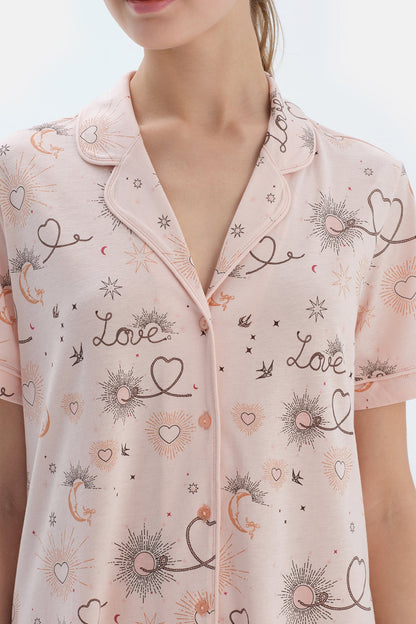 Pembe Metraj Baskılı Penye Modal Gömlek Pantolon Pijama Takımı
