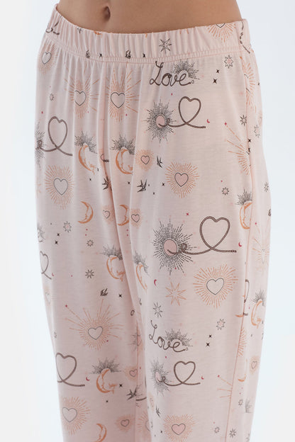 Pembe Metraj Baskılı Penye Modal Gömlek Pantolon Pijama Takımı