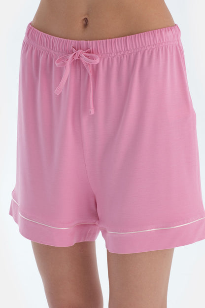 Pembe Biye Ve Nakış Detaylı Viskon Gömlek Şort Pijama Takımı