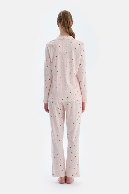Ekru Kalp Ve Çizgi Baskılı Penye Modal Gömlek Pantolon Pijama Takımı