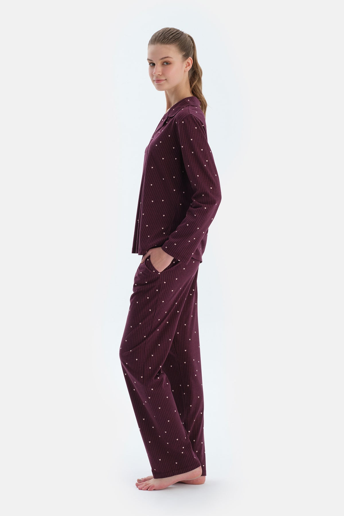Bordo Kalp Ve Çizgi Baskılı Penye Modal Gömlek Pantolon Pijama Takımı