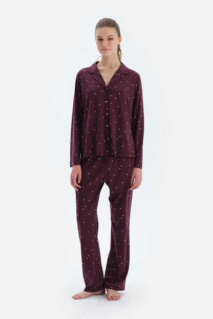 Bordo Kalp Ve Çizgi Baskılı Penye Modal Gömlek Pantolon Pijama Takımı