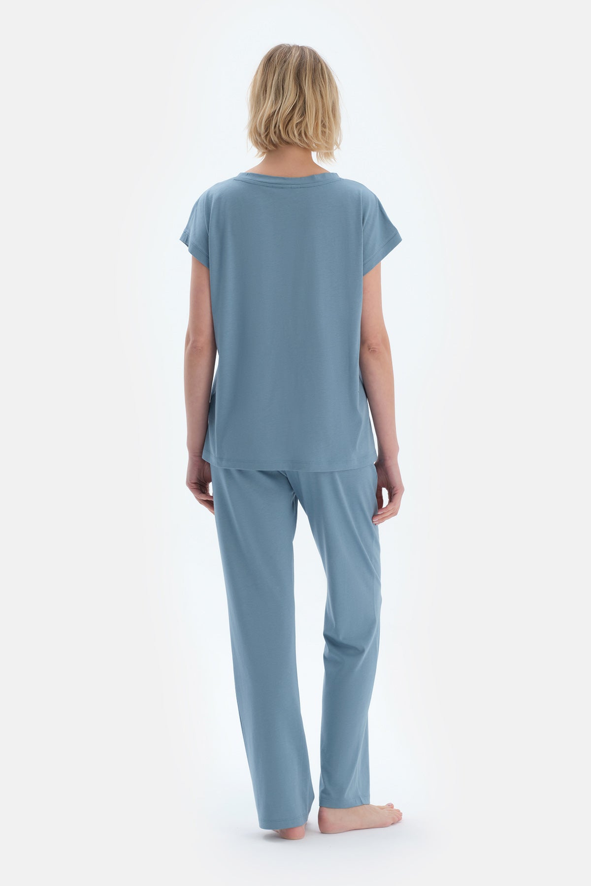 Mavi Düşük Kollu Basıc Tişört Pantolon Pijama Takımı