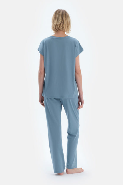 Mavi Düşük Kollu Basıc Tişört Pantolon Pijama Takımı