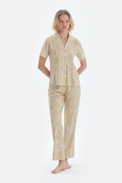 Açık Yeşil Şal Desenli Penye Modal Gömlek Pantolon Pijama Takımı