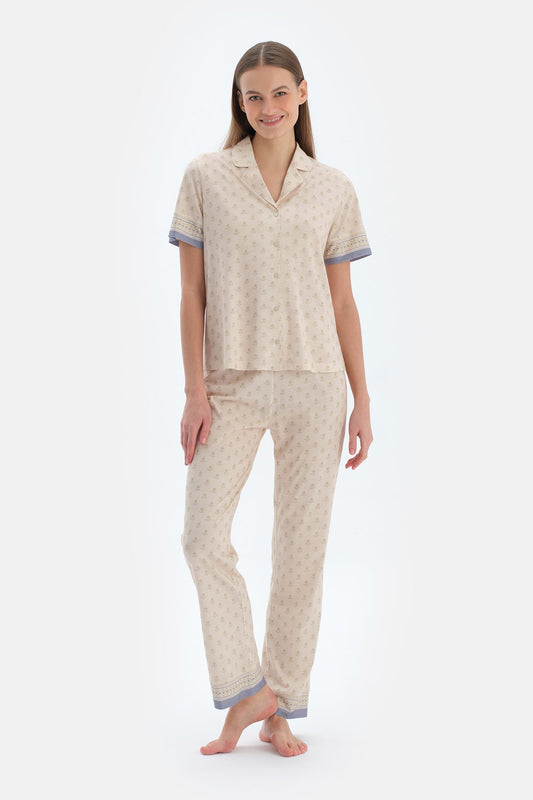 Ekru Çıtır Desenli Gömlek Pantolon Pijama Takımı