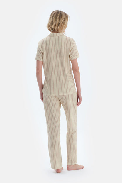 Yeşil Çizgili Nakış Detaylı Gömlek Pantolon Pijama Takımı