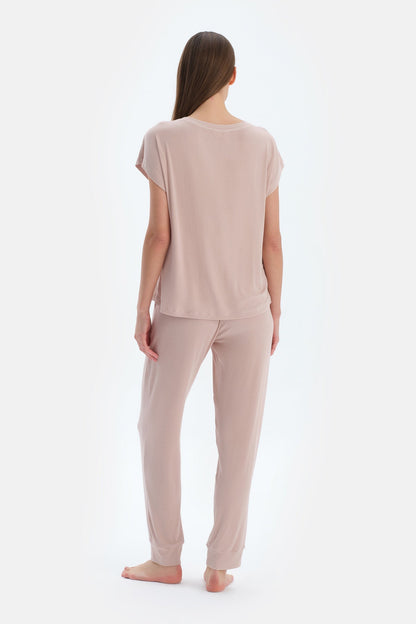 Açık Pembe Bisiklet Yaka Jogger Paça Viskon Kaşkorse Pijama Takımı