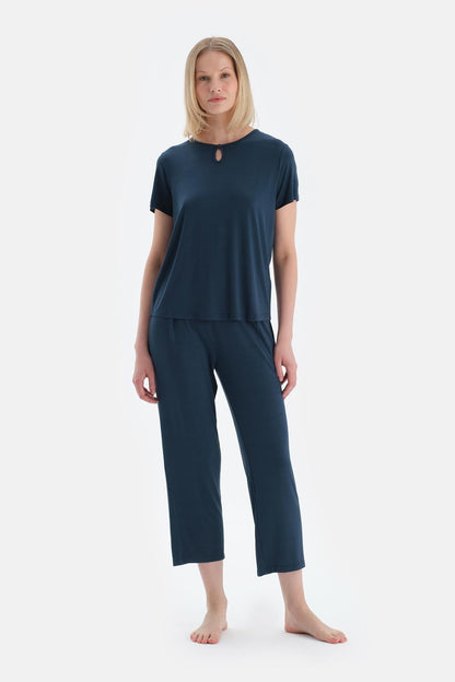 Indigo Yaka Detaylı Kısa Kollu Modal Tişört Pantolon Pijama Takımı