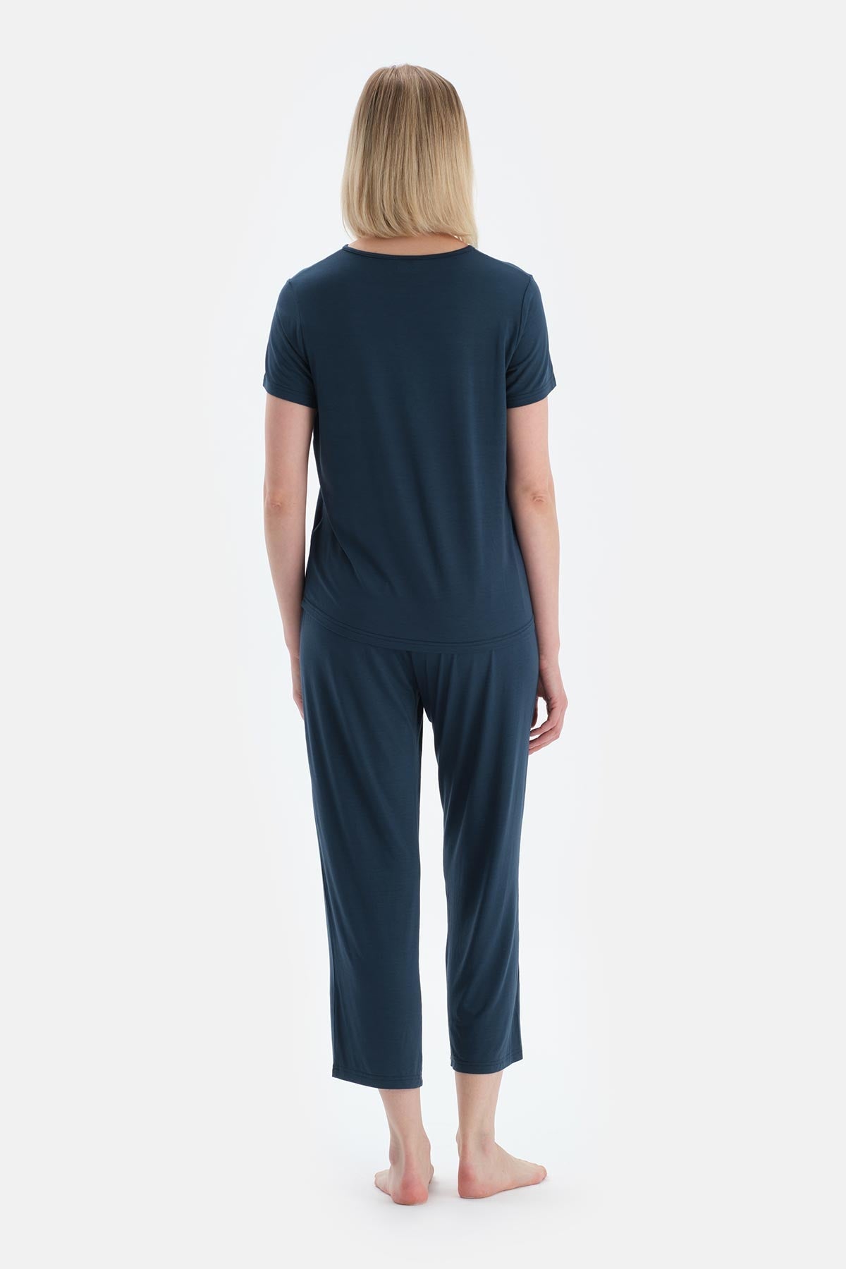 Indigo Yaka Detaylı Kısa Kollu Modal Tişört Pantolon Pijama Takımı