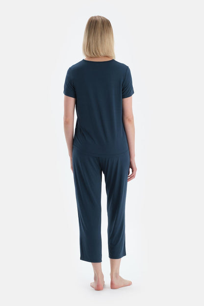 Indigo Yaka Detaylı Kısa Kollu Modal Tişört Pantolon Pijama Takımı