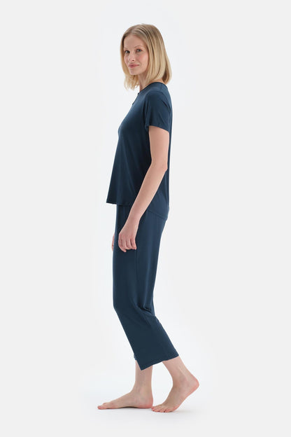 Indigo Yaka Detaylı Kısa Kollu Modal Tişört Pantolon Pijama Takımı