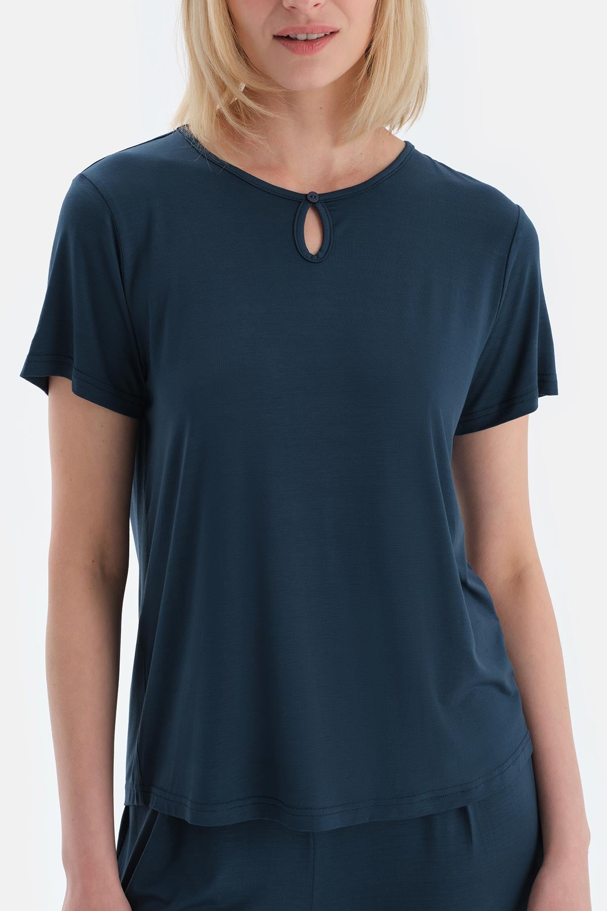 Indigo Yaka Detaylı Kısa Kollu Modal Tişört Pantolon Pijama Takımı