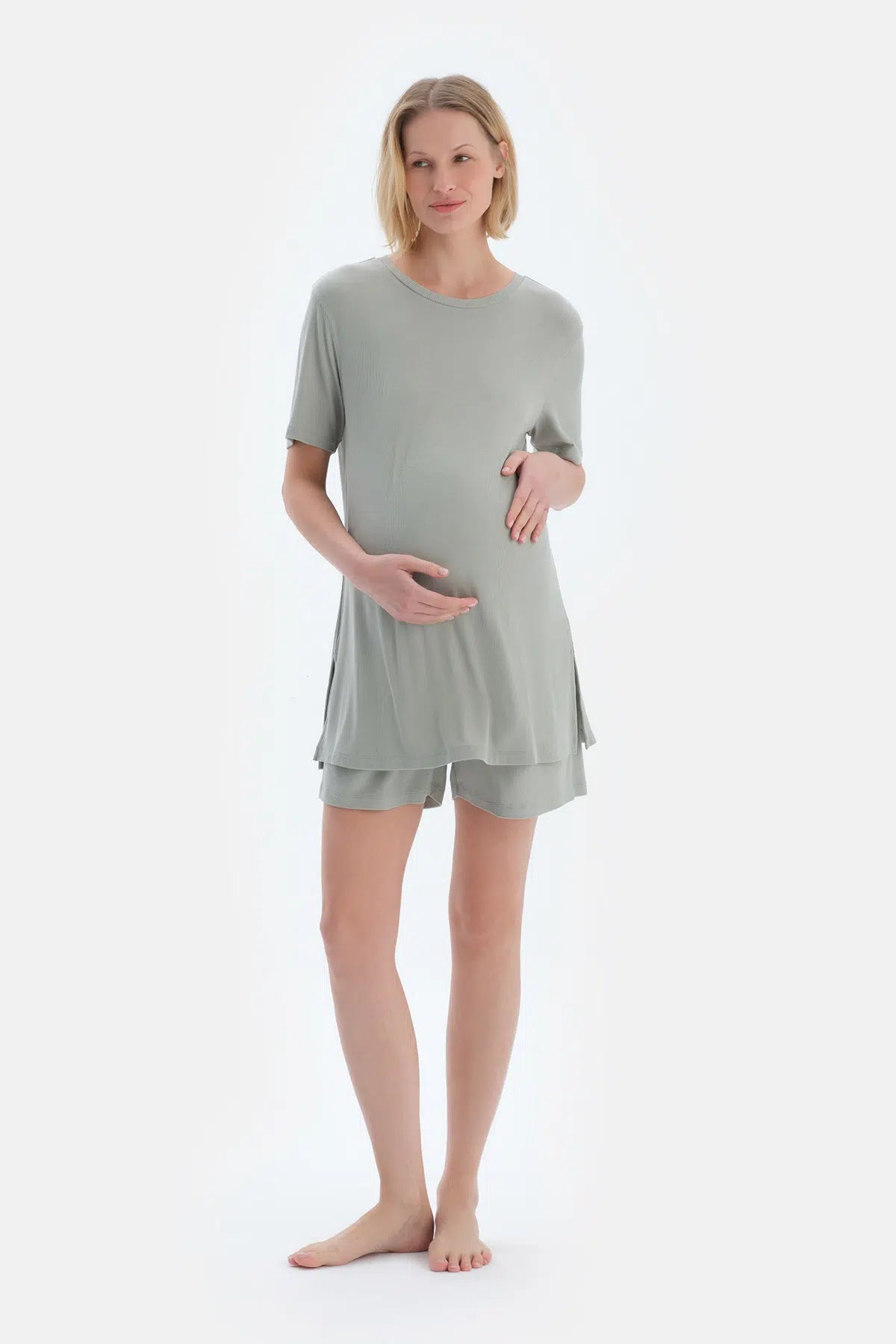 Açık Yeşil Kaşkorse Hamile Tişört Şort Pijama Takımı