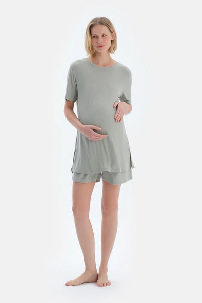 Açık Yeşil Kaşkorse Hamile Tişört Şort Pijama Takımı
