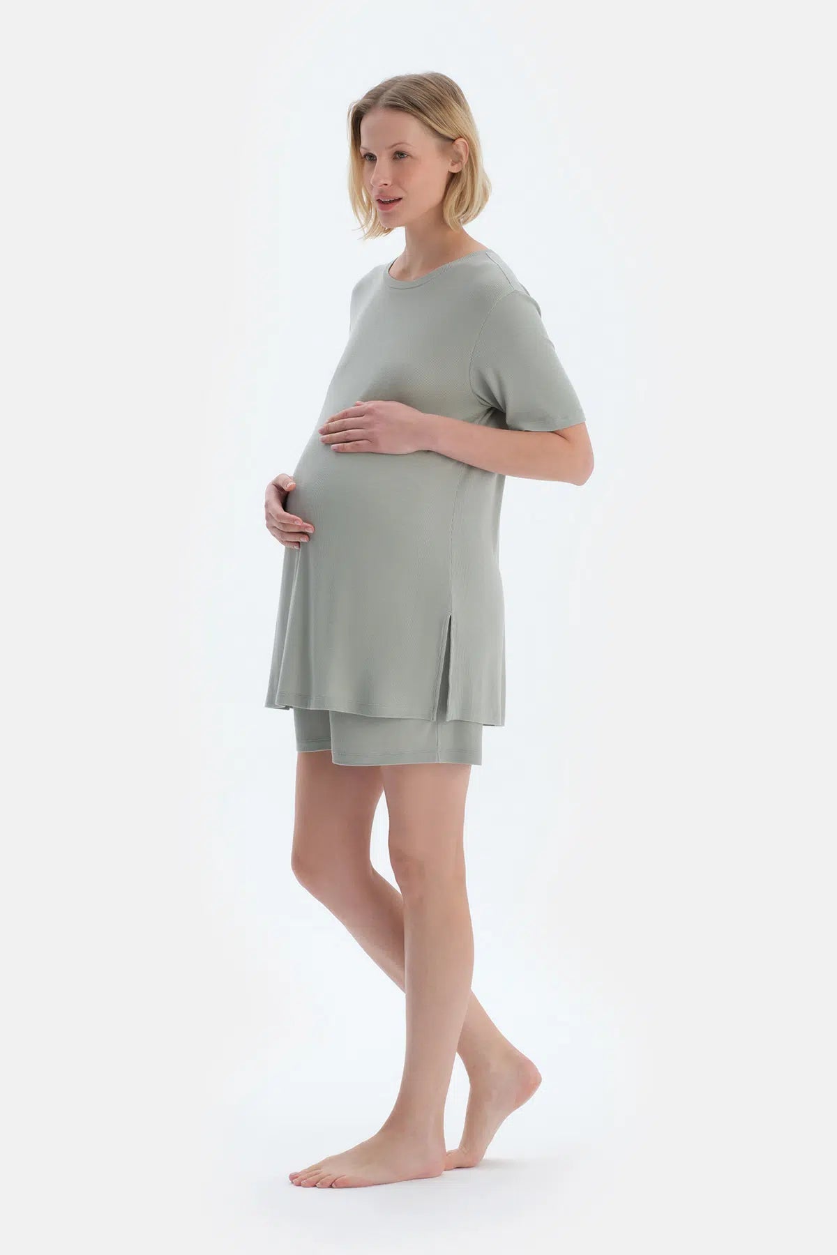 Açık Yeşil Kaşkorse Hamile Tişört Şort Pijama Takımı