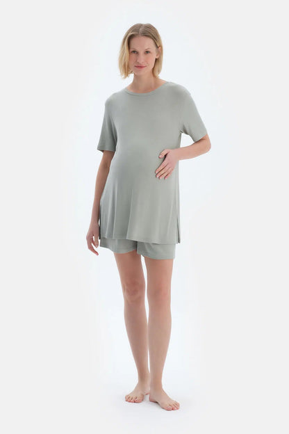 Açık Yeşil Kaşkorse Hamile Tişört Şort Pijama Takımı