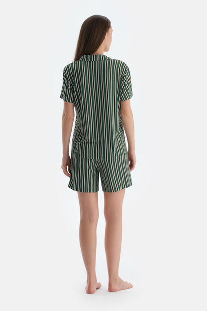 Koyu Yeşil Çizgili Penye Modal Gömlek Şort Pijama Takımı