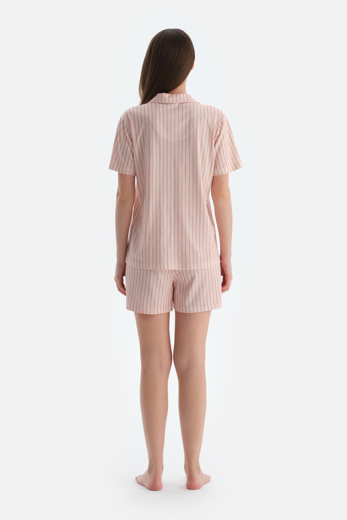 Açık Pembe Çizgili Penye Modal Gömlek Şort Pijama Takımı
