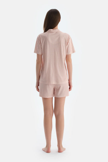 Açık Pembe Çizgili Penye Modal Gömlek Şort Pijama Takımı