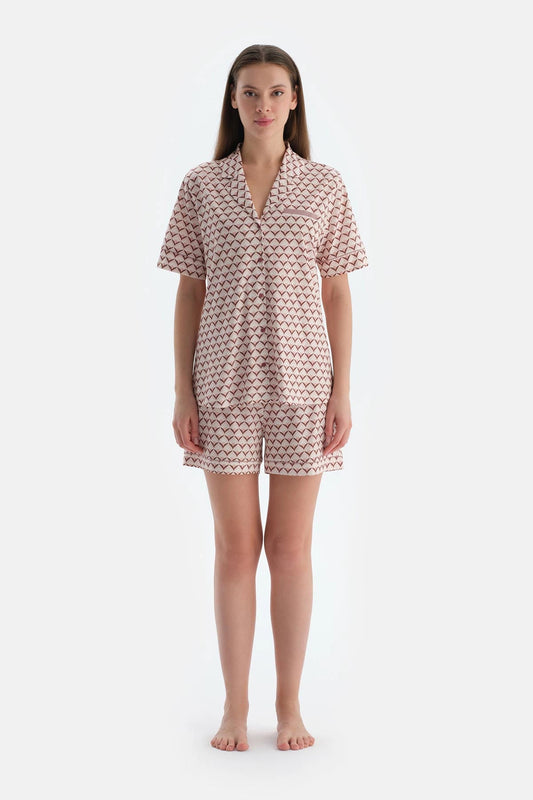 Açık Pembe Metraj Baskılı Penye Modal Gömlek Şort Pijama Takımı