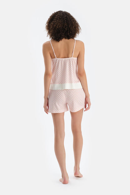 Turuncu V Yaka Metraj Baskılı Atlet Şort Pijama Takımı