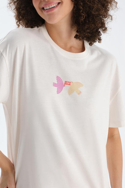 Ekru Baskı Detaylı Kısa Kollu Tişört Şort Pijama Takımı