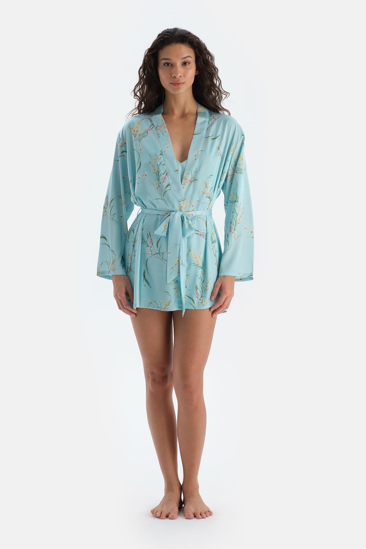 Mavi Baskılı Uzun Kollu Saten Sabahlık