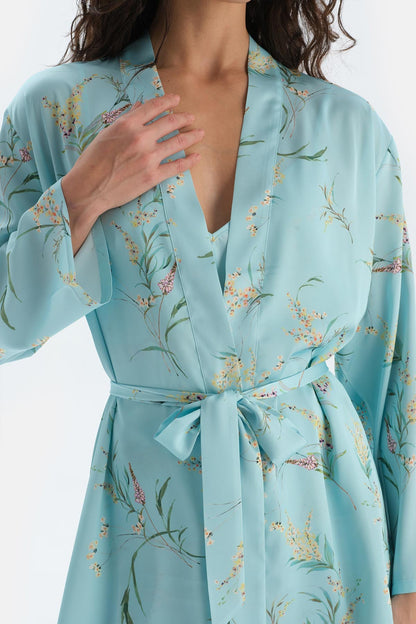 Mavi Baskılı Uzun Kollu Saten Sabahlık
