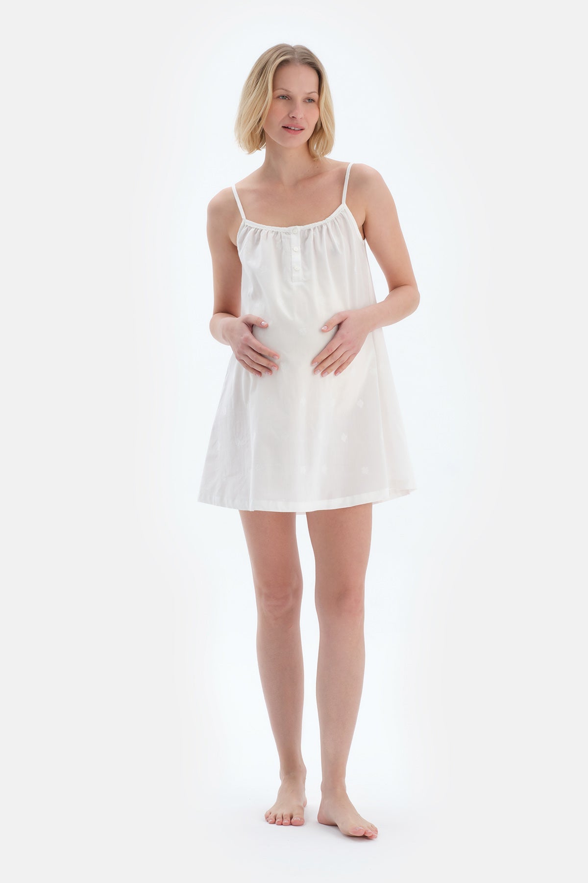 Beyaz Askılı Poplin Dokuma Hamile Gecelik