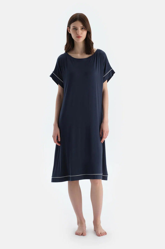 Lacivert Düşük Omuzlu Kısa Kollu Viskon Gecelik
