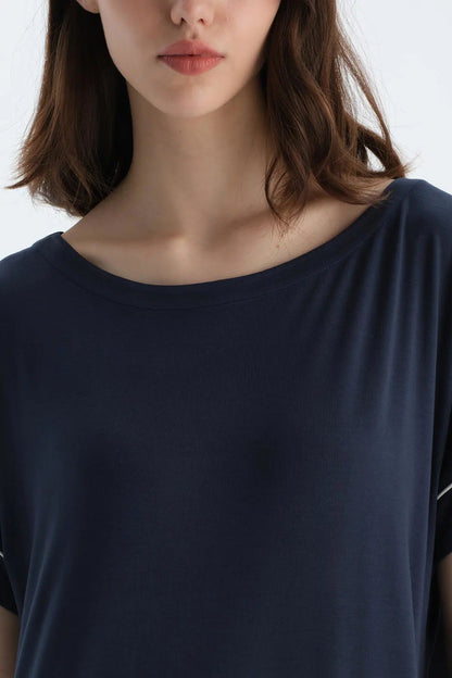 Lacivert Düşük Omuzlu Kısa Kollu Viskon Gecelik