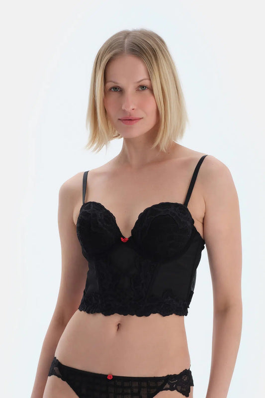 Siyah Aksesuar Detaylı Dantel Ve Tüllü Büstiyer