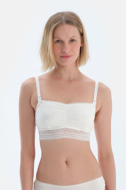 Ekru Dantelli Bandeu Emzirme Sütyeni